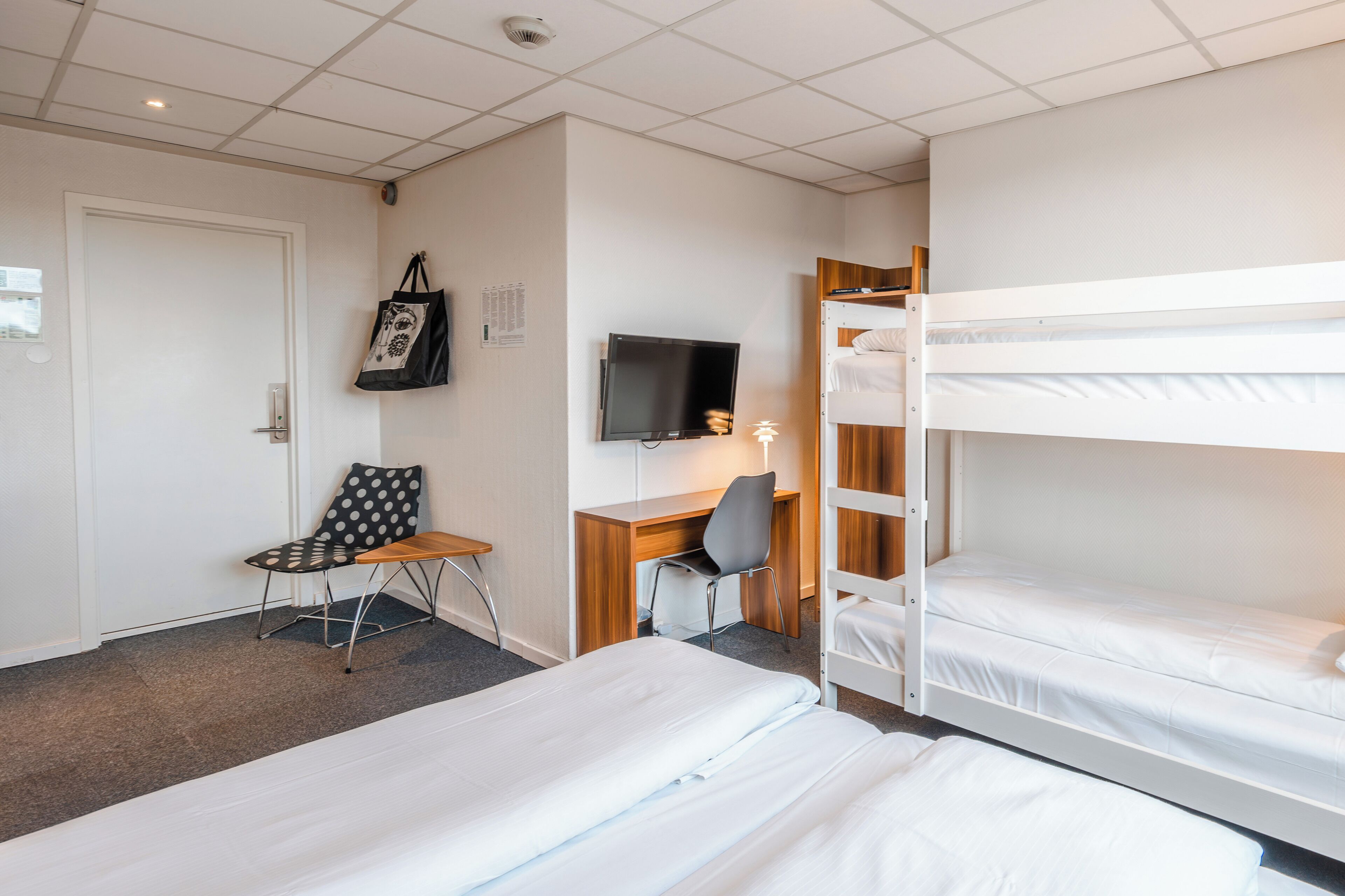 Une chambre d'hôtel avec un lit superposé, un bureau avec une chaise, une télévision et une chaise à motifs à pois.