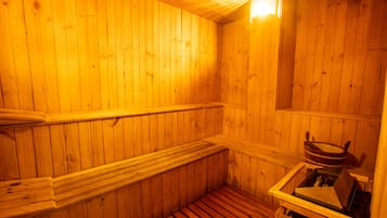 Un sauna avec des murs et des bancs en bois.