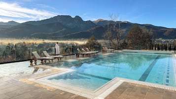 Indoor pool, outdoor pool, open noon to 6:00 PM, sun loungers
