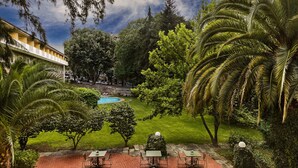 A courtyard with a swimming pool, surrounded by lush greenery and palm trees. There are outdoor tables and chairs arranged for dining.