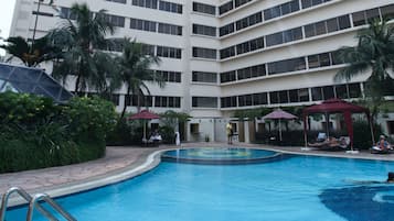 Outdoor pool, pool umbrellas, pool loungers