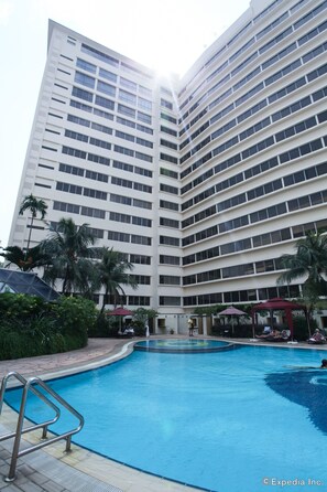 Outdoor pool, pool umbrellas, pool loungers