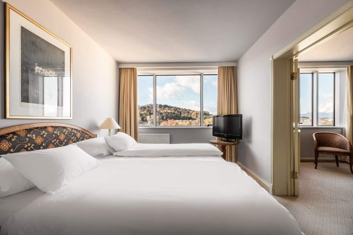 Habitación de hotel con dos camas, televisión, una silla y vistas a un paisaje montañoso.