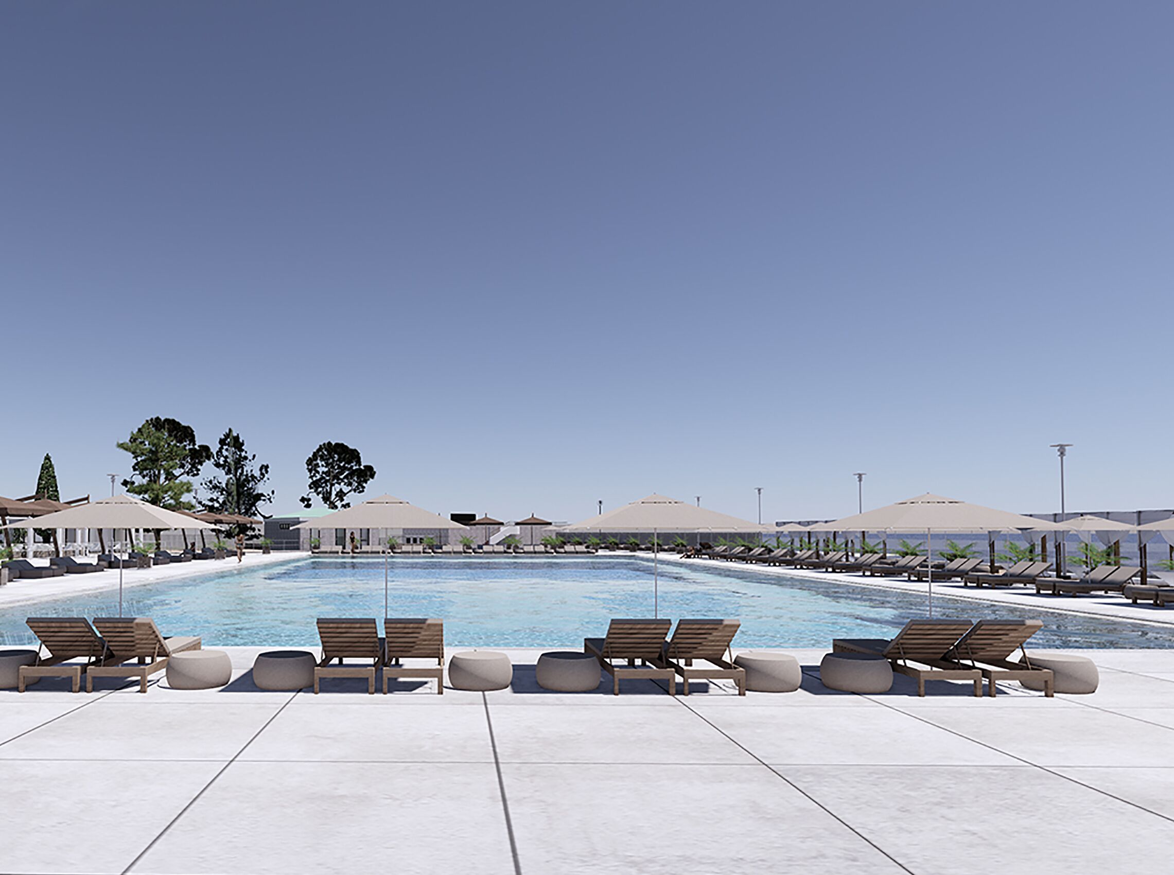 seasonal outdoor pool, pool umbrellas, pool loungers