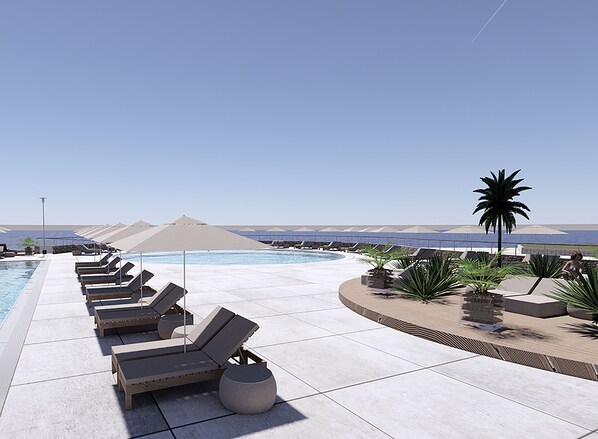 Seasonal outdoor pool, pool umbrellas, sun loungers