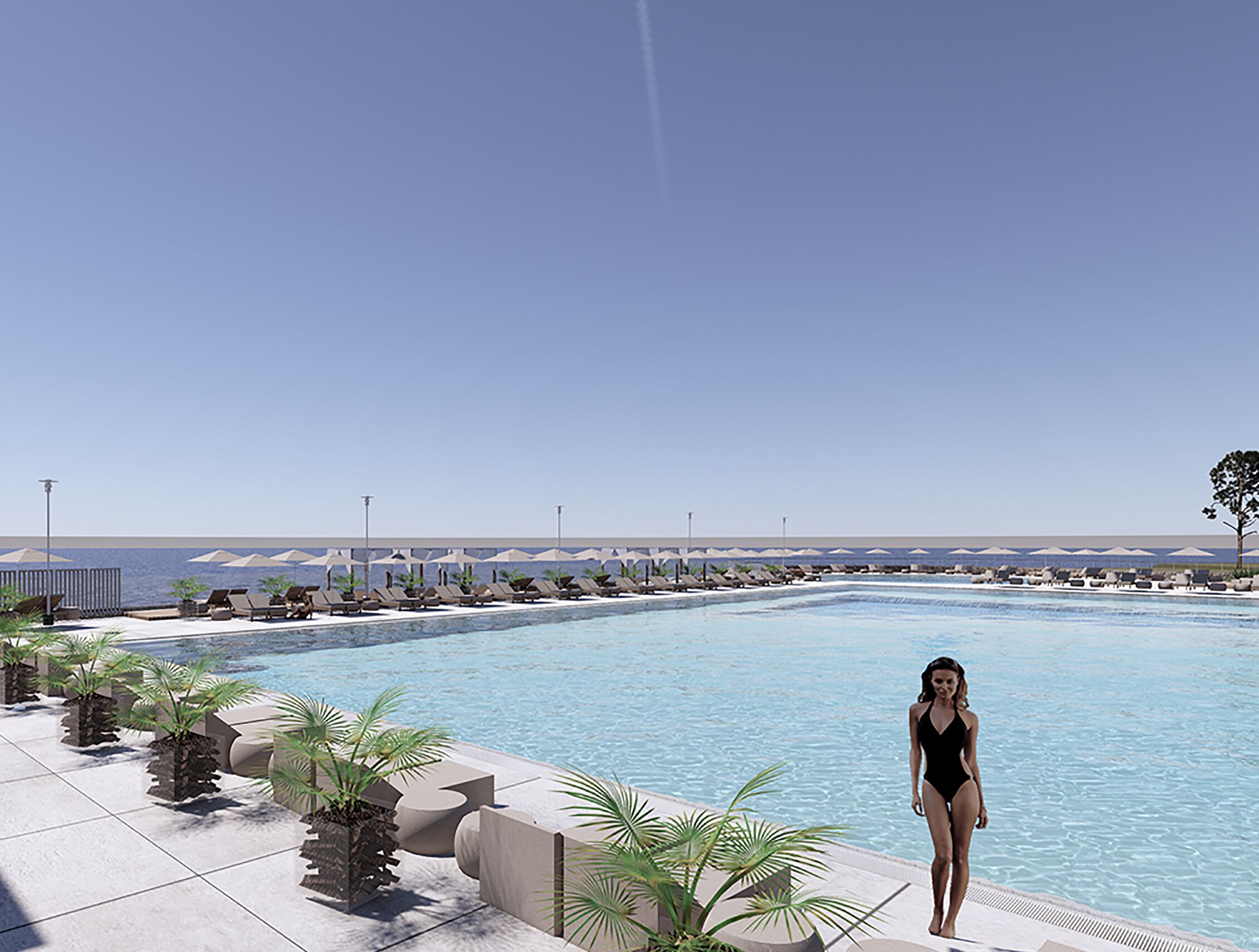 seasonal outdoor pool, pool umbrellas, pool loungers