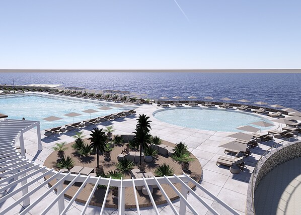 Seasonal outdoor pool, pool umbrellas, pool loungers