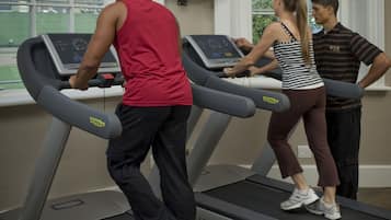 Three people using treadmills in a gym with large windows and a television on the wall.