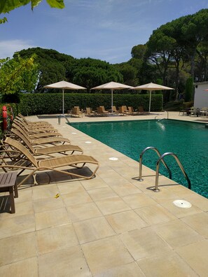 Outdoor pool, pool umbrellas, sun loungers