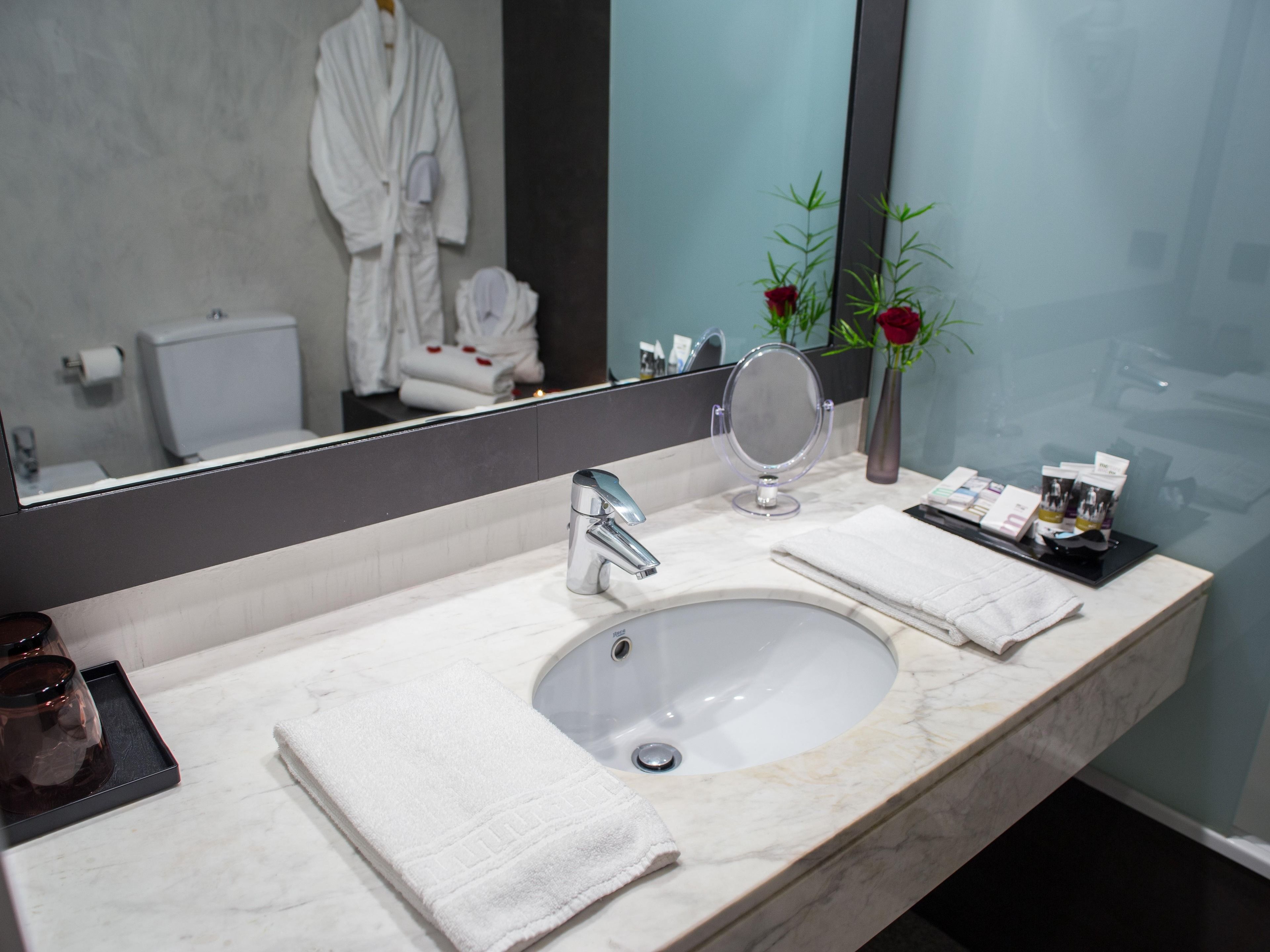 eco-friendly toiletries, hair dryer, toilet paper