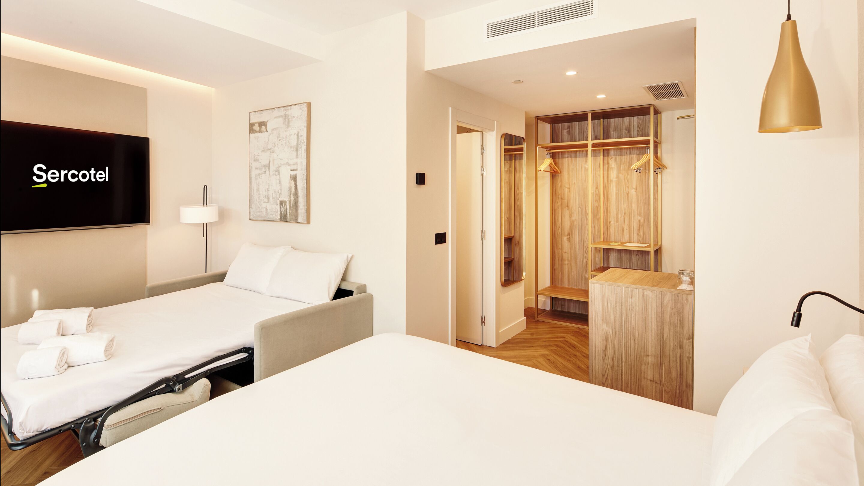 Una habitación de hotel con cama, televisión, un cuadro y un vestidor.