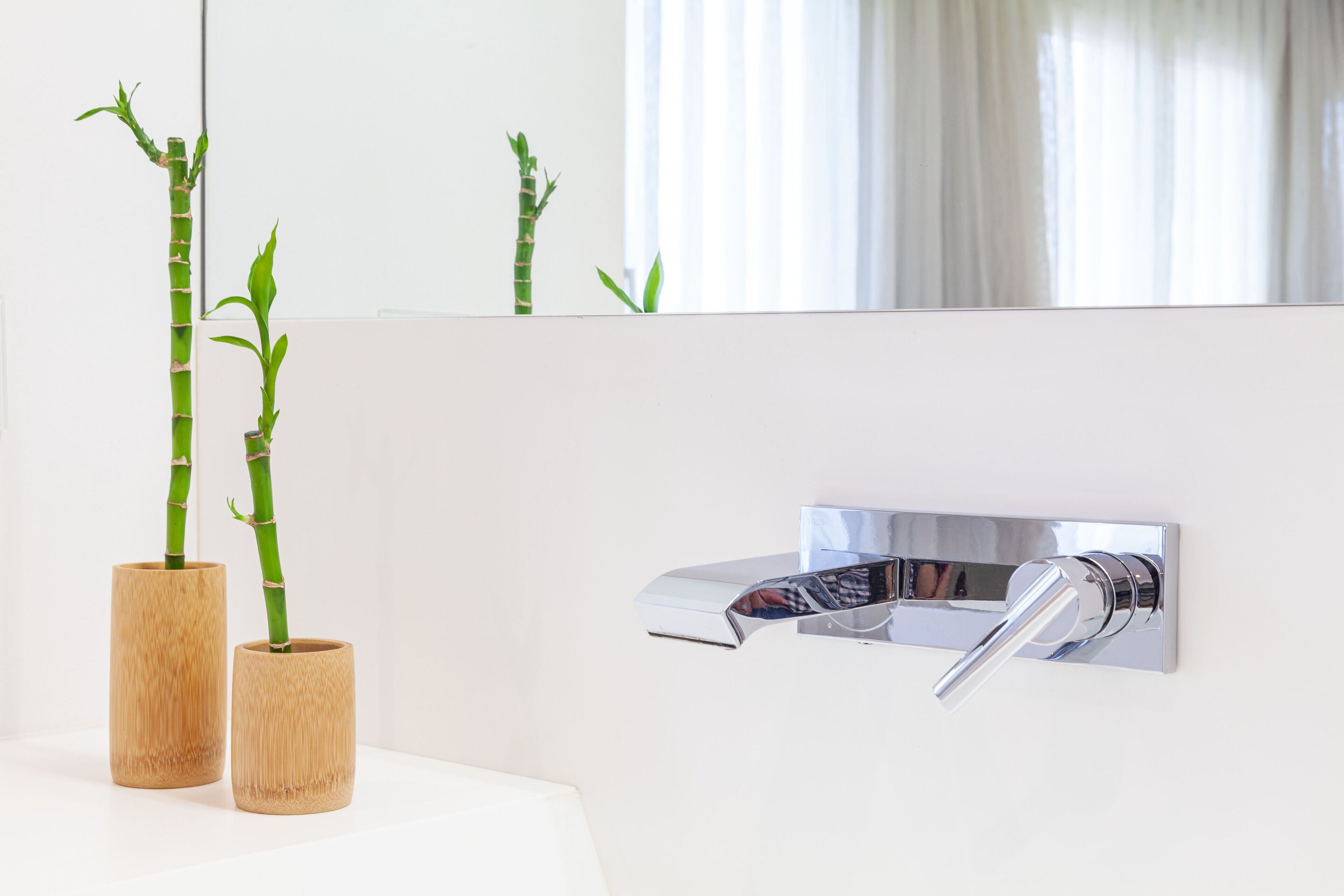A bathroom with a modern sink, a chrome faucet, and two bamboo plants in wooden pots.