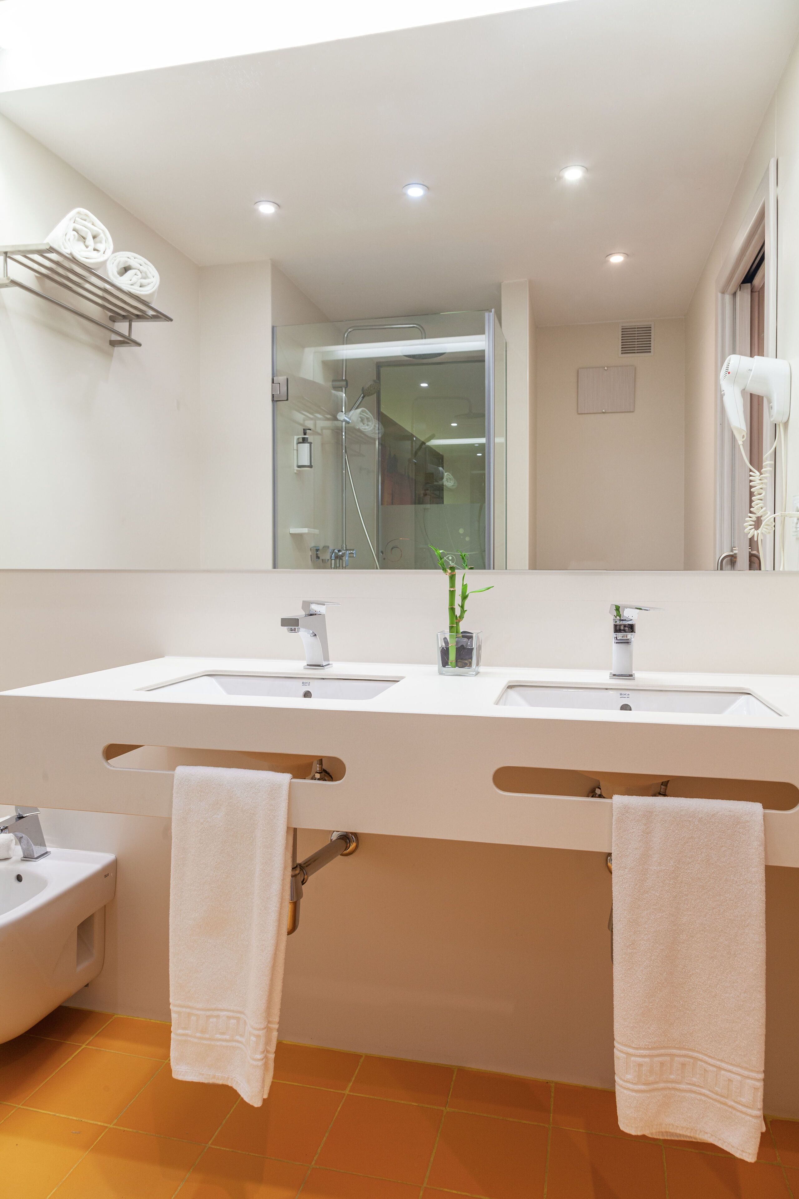 free toiletries, hair dryer, bidet, towels