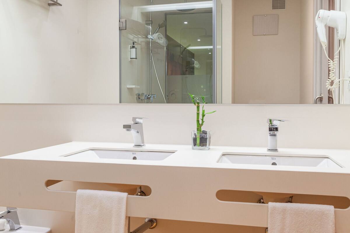 free toiletries, hair dryer, bidet, towels