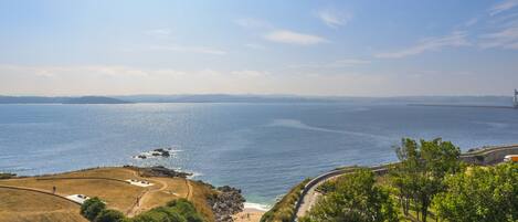 A coastal landscape with a beach, walking paths, and a view of the sea.