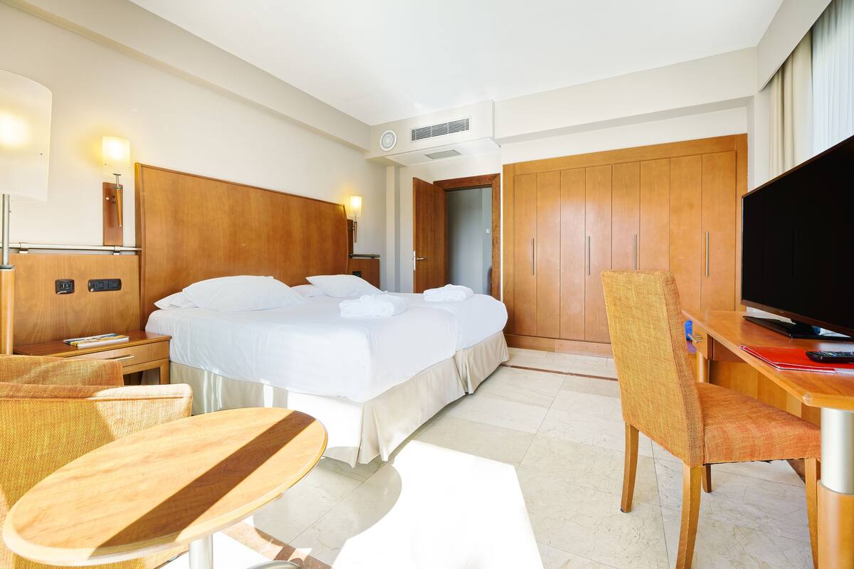 Une chambre d’hôtel avec un lit, une télévision, un bureau et une chaise.