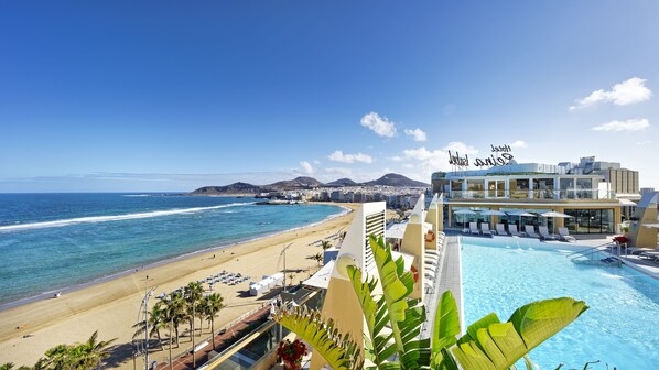Outdoor pool, pool umbrellas, pool loungers