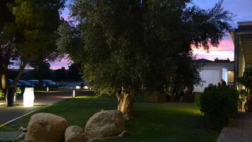 A landscaped garden with large rocks, a tree, and a building with illuminated windows.
