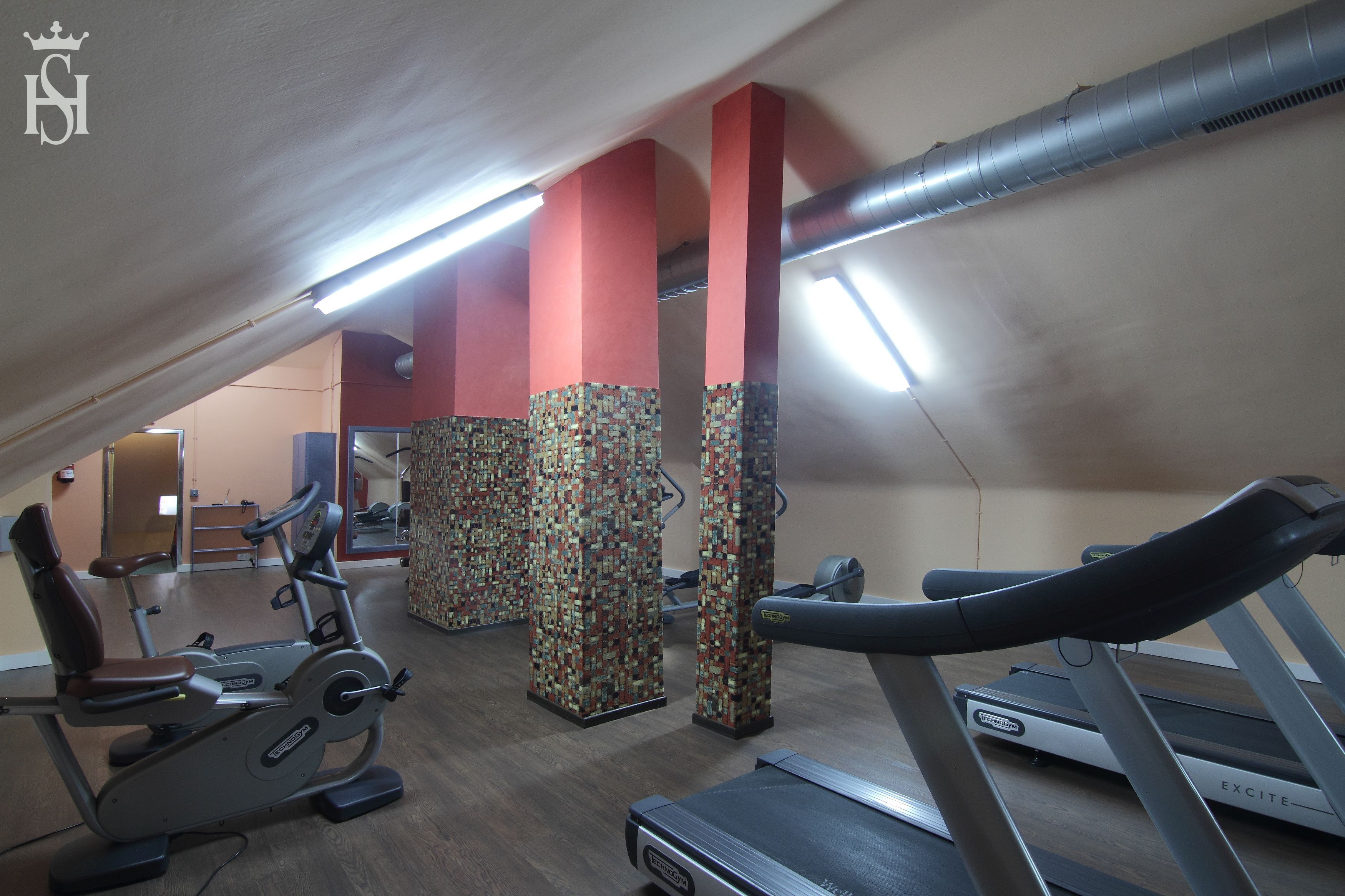 Un gimnasio con equipamiento de ejercicio, incluyendo cintas de correr y bicicletas estáticas, bajo un techo inclinado con iluminación fluorescente.