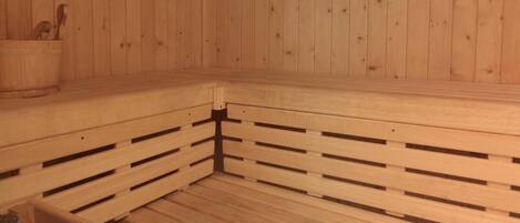 Una sauna de madera con bancos y una piedra para lavar.