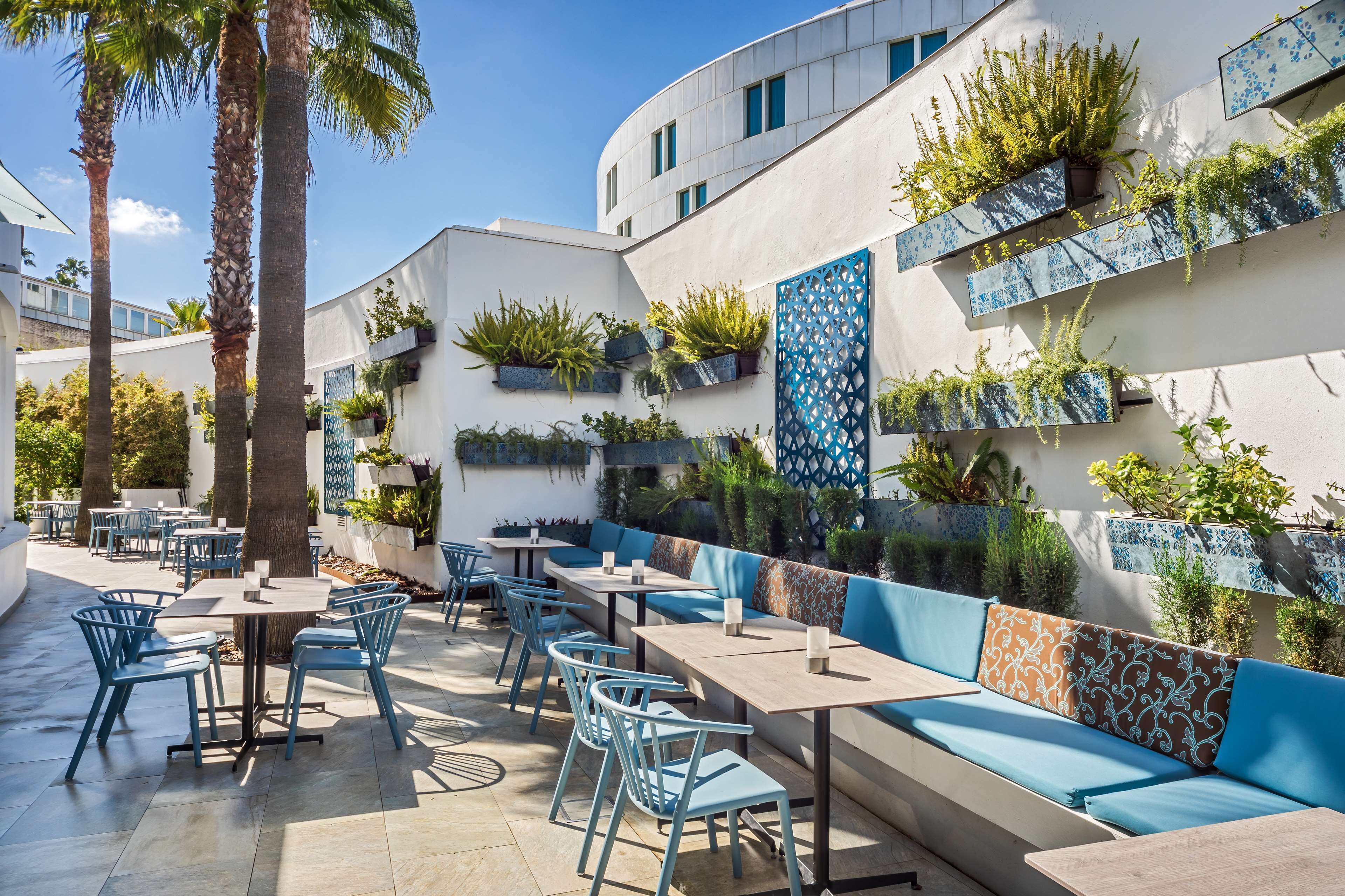 An outdoor seating area with blue chairs and tables, surrounded by plants and a white building with blue decorative elements.