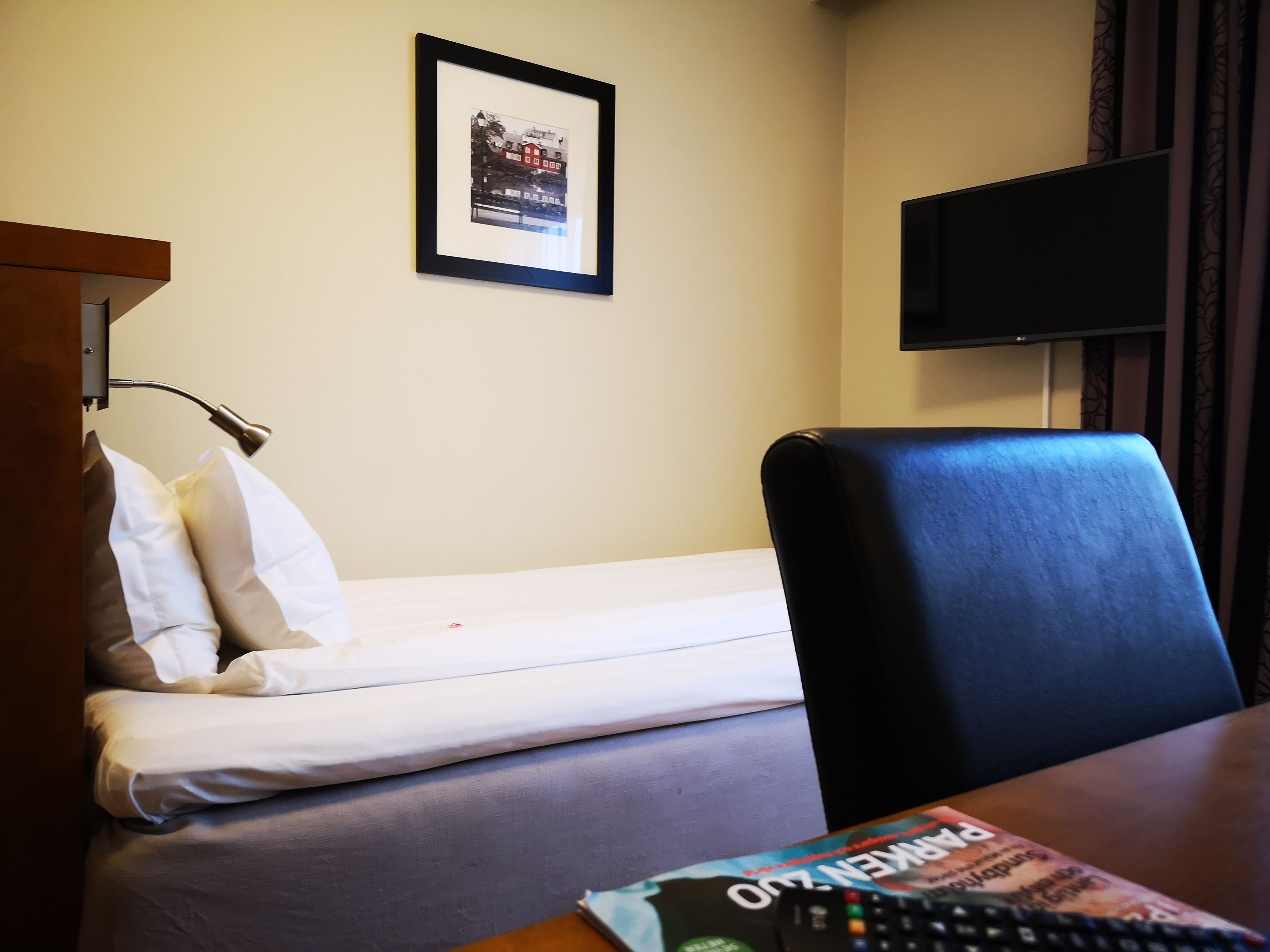A hotel room with a single bed, a desk with a remote control, and a framed picture on the wall.