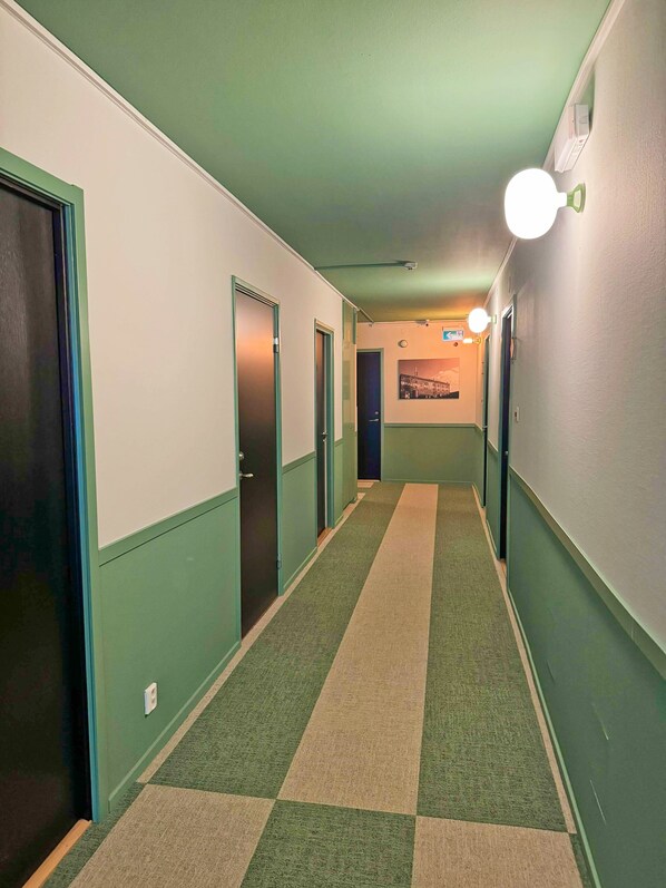 A hallway with doors on both sides, a patterned carpet, and a light fixture on the ceiling.