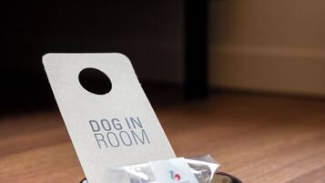 A metal dog bowl with a tag that reads "DOG IN ROOM" on a wooden floor.