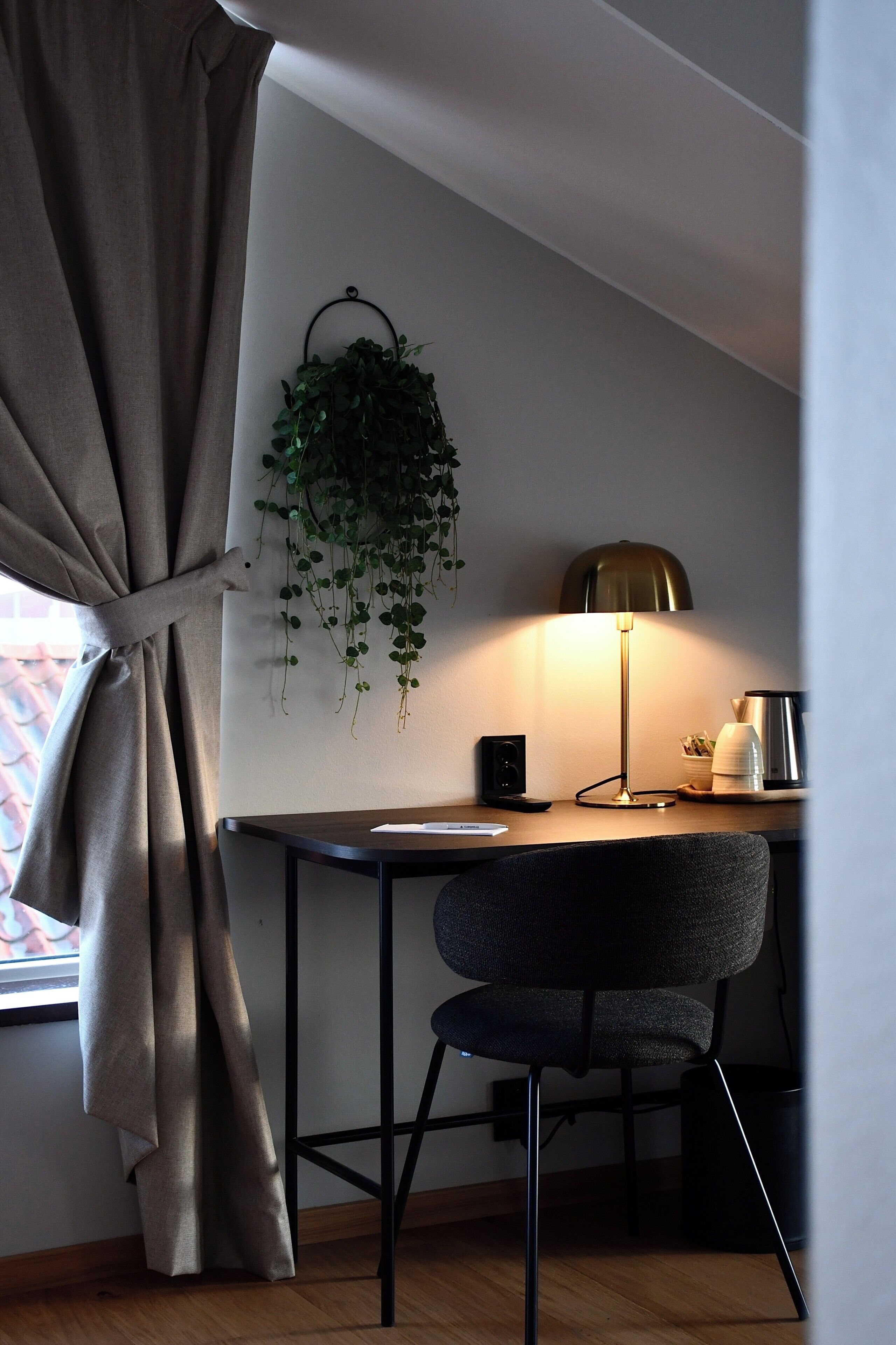 Una habitación con escritorio, silla, planta colgante, lámpara y ventana con cortinas.