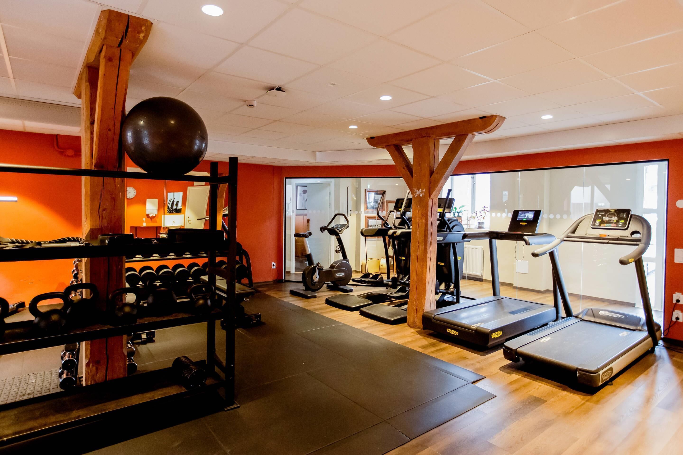 A gym with treadmills, elliptical machines, and weightlifting equipment.