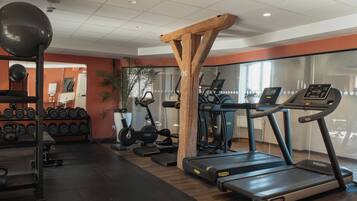 A gym with treadmills, dumbbells, and weight machines.