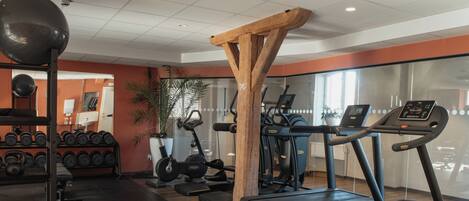 A gym with treadmills, dumbbells, and weight machines.