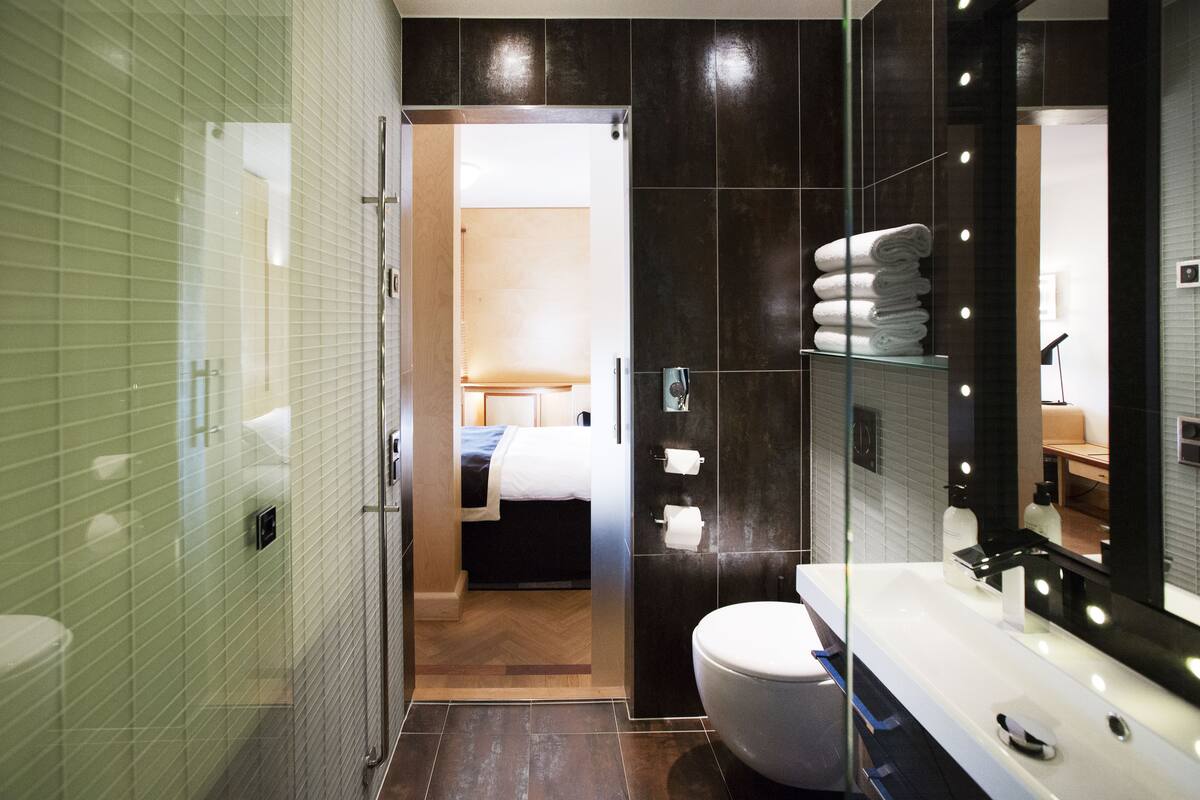 free toiletries, hair dryer, towels