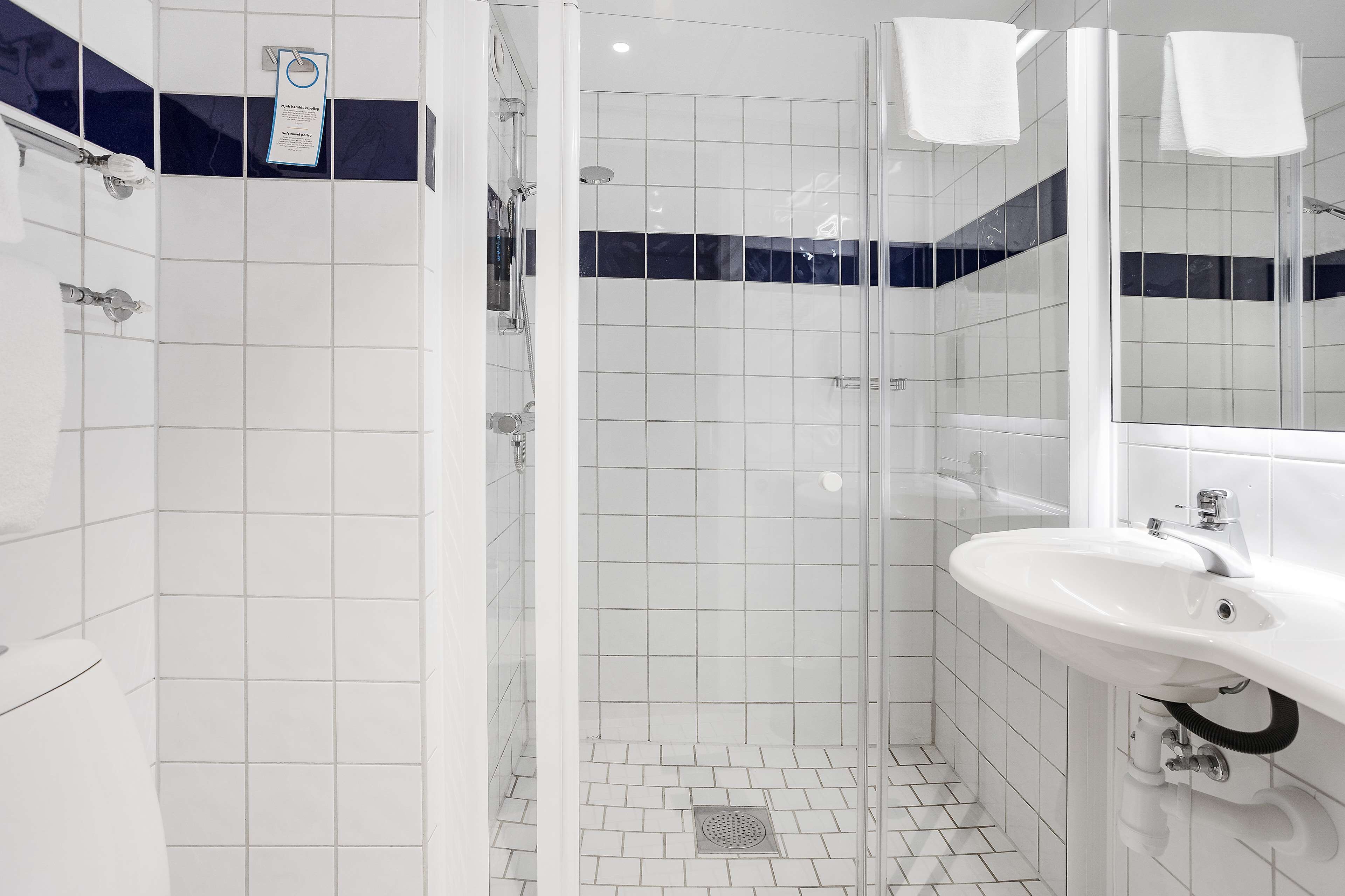 A bathroom with a shower, a sink, and a mirror.
