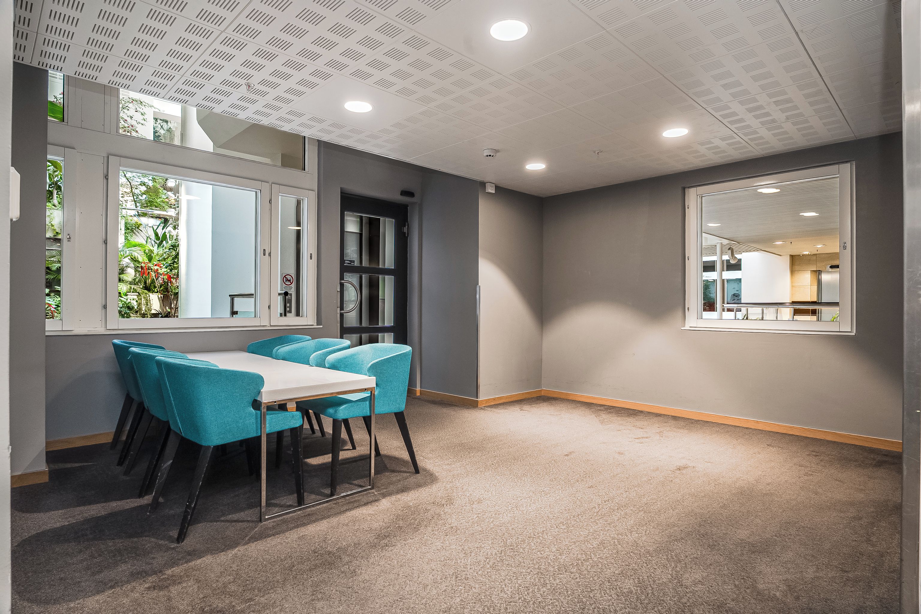 A conference room with a table and chairs, large windows, and a carpeted floor.