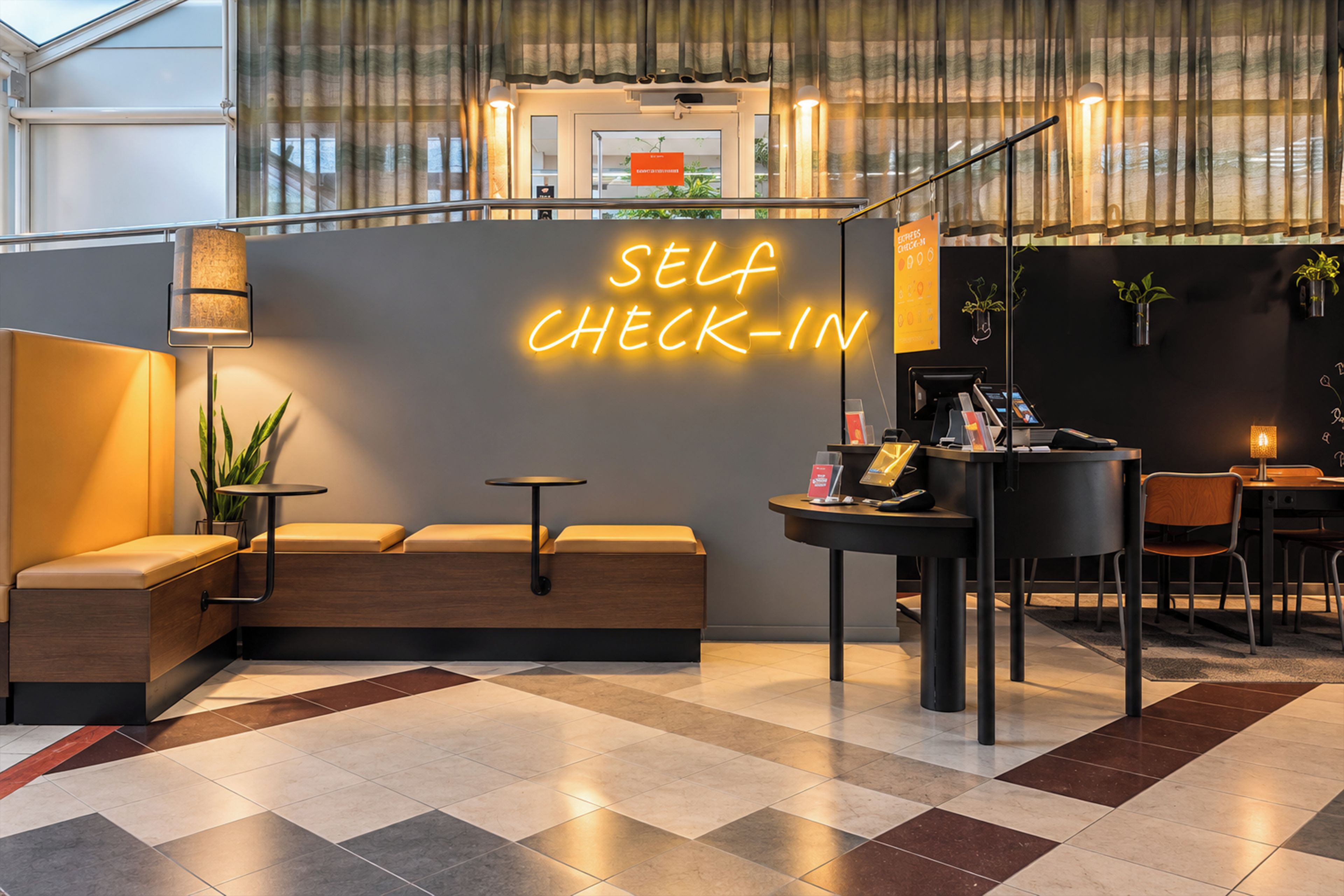 Ein Selbstcheck-in-Bereich mit einer Neonreklame, Sitzgelegenheiten, einem Schreibtisch und einer Treppe.