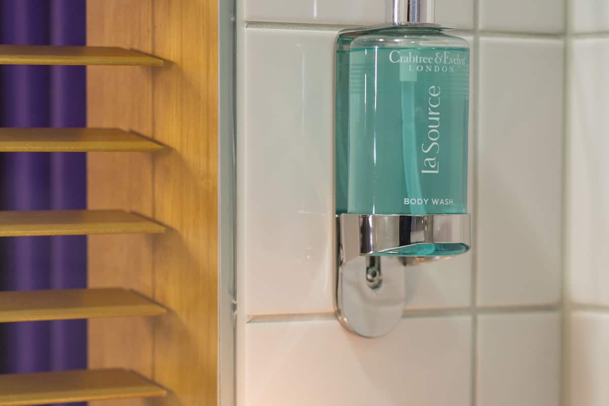 shower, rainfall showerhead, designer toiletries, hair dryer