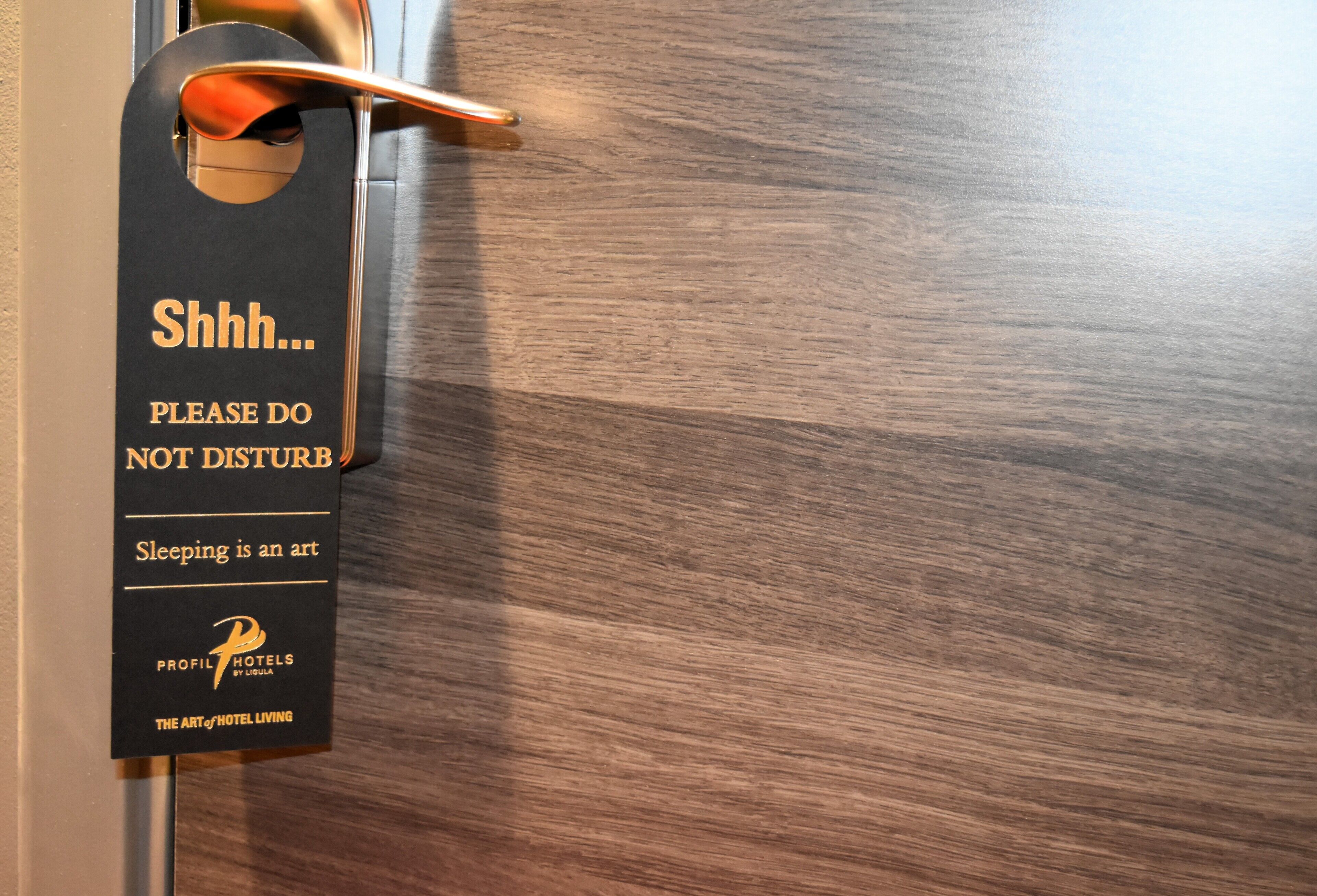 A hotel room door with a sign that reads "Shhh... Please do not disturb. Sleeping is an art. Profile Hotels by Lujala. The art of hotel living."