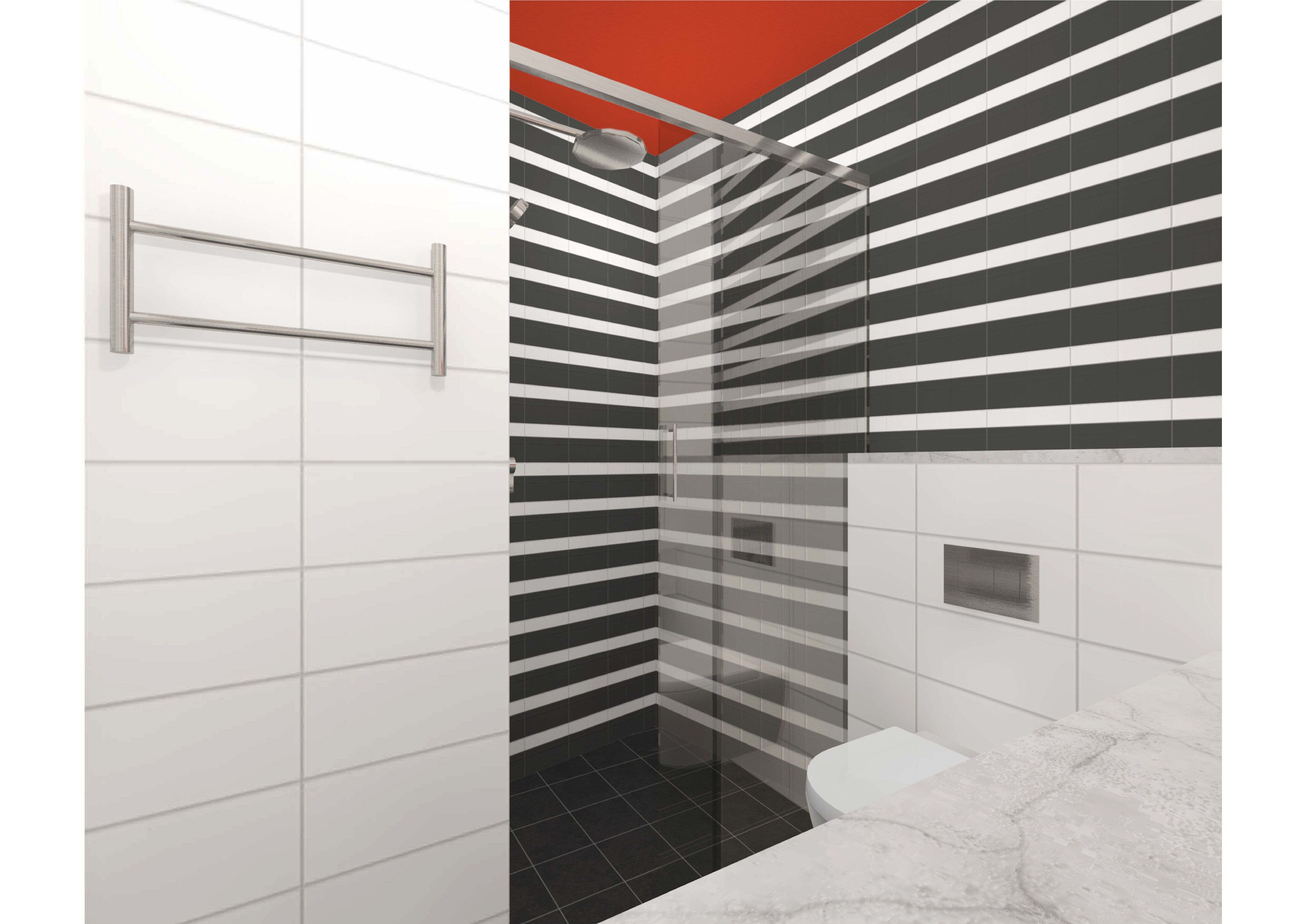 Een moderne badkamer met een douche, toilet en wastafel.