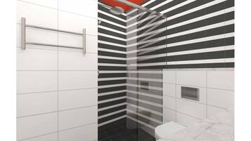 Une salle de bain moderne avec une zone douche, des toilettes et un lavabo.