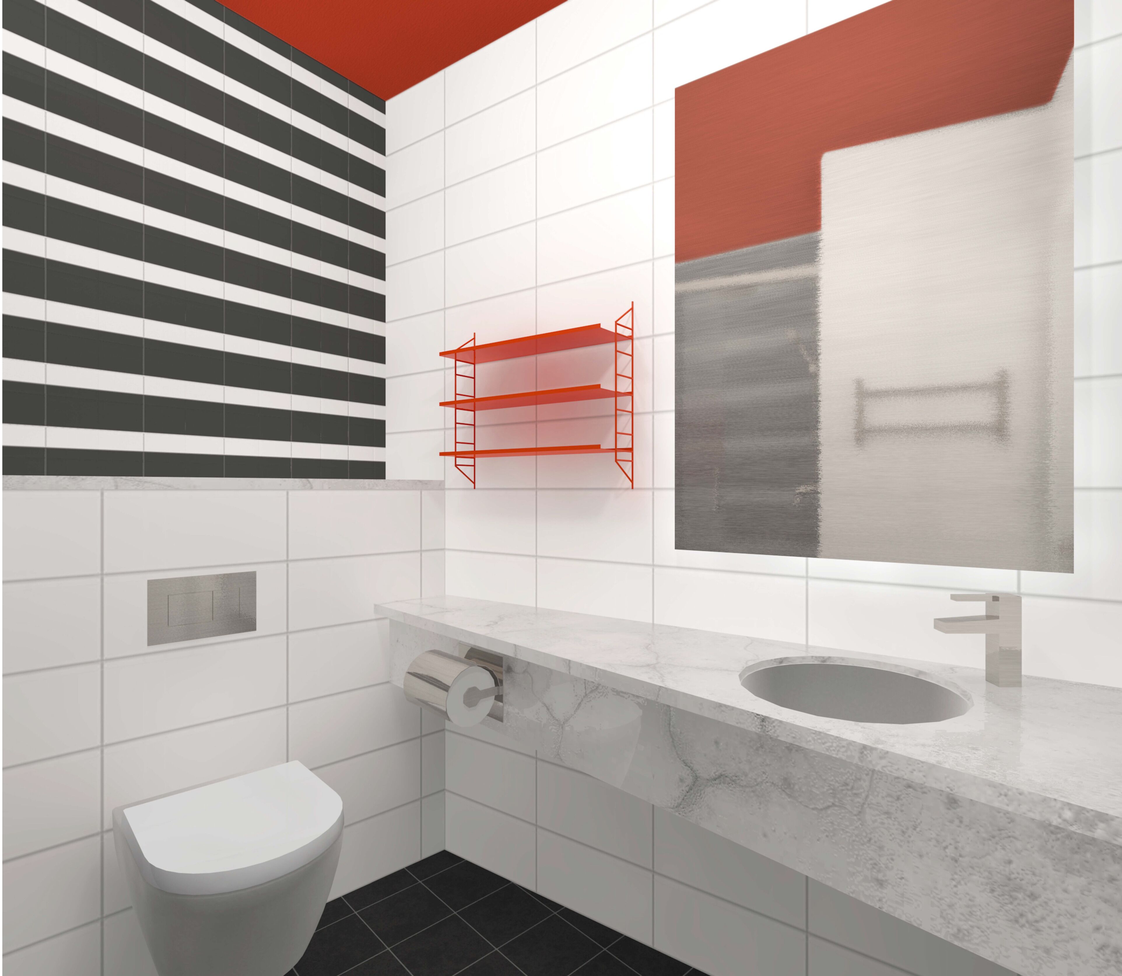 A modern bathroom with a white toilet, a sink with a mirror, and a red towel rack.