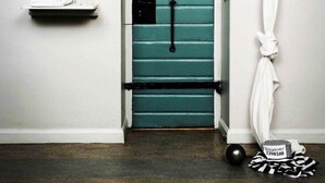 Una puerta color aguamarina con un picaporte negro, una pared blanca con el número '113' arriba, un estante pequeño con una manzana verde y un vaso, y una cortina blanca atada a la pared.