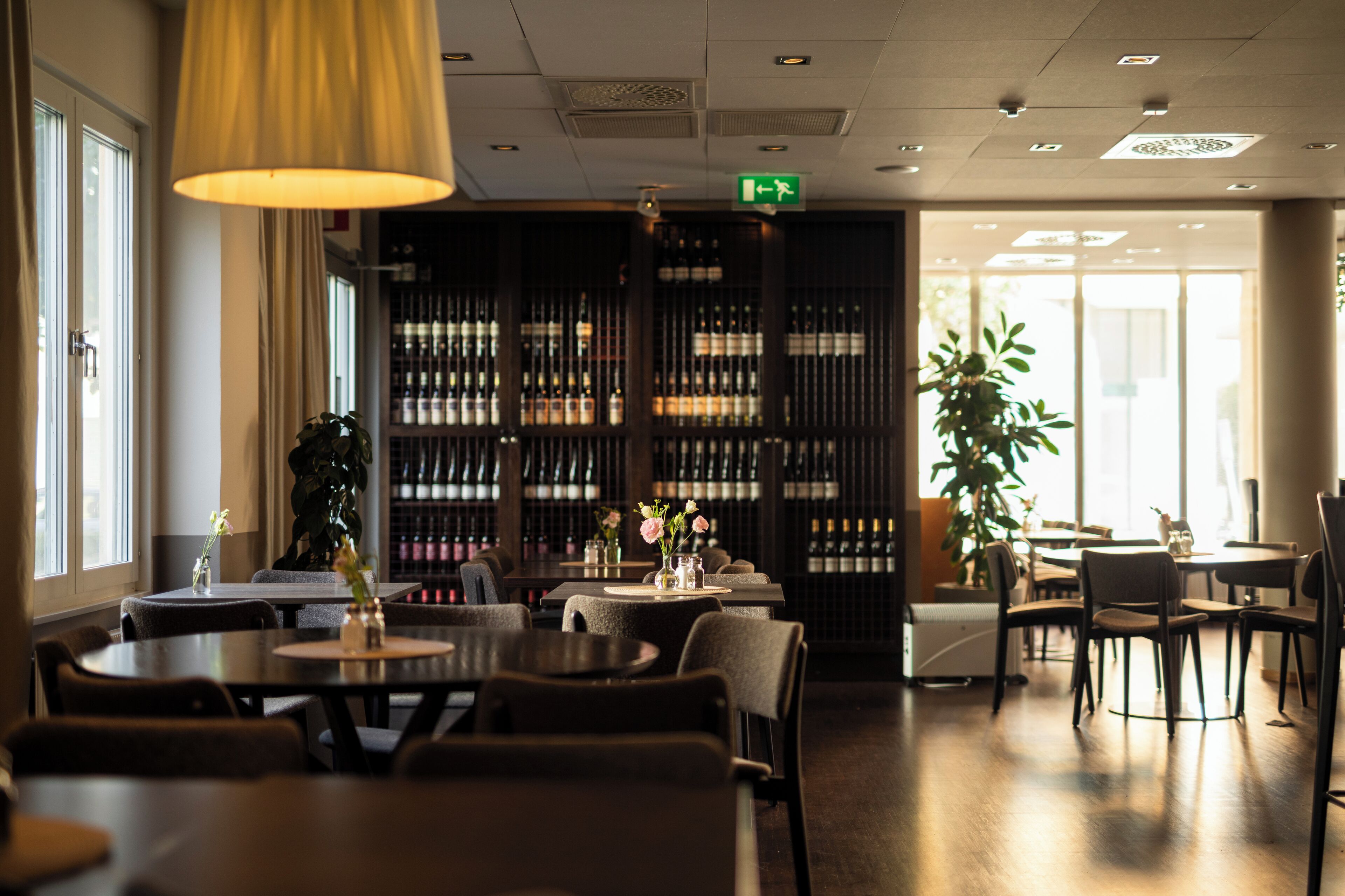 Un restaurant avec des tables rondes, des chaises, une lampe jaune suspendue, une plante et un meuble à vin en arrière-plan.