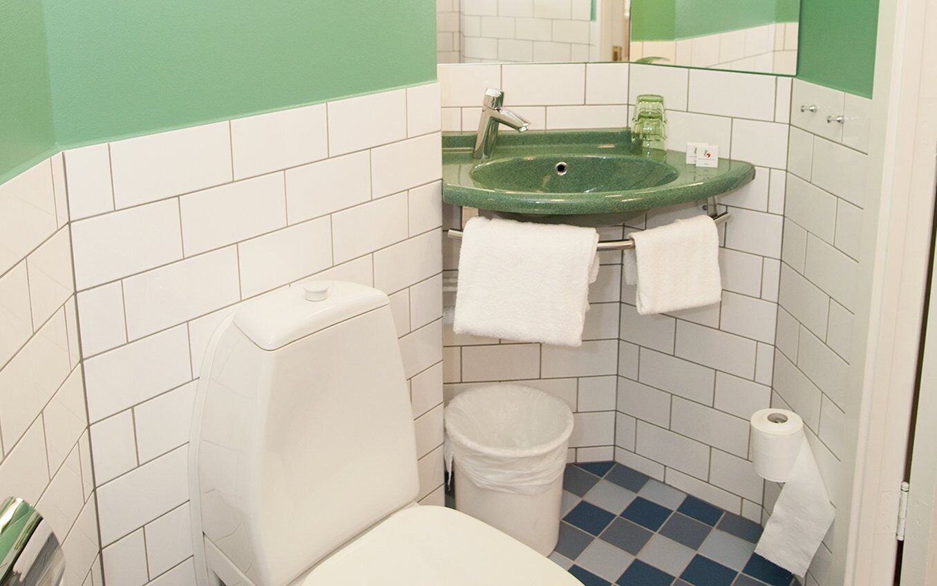 Een kleine badkamer met een groene wastafel, een wit toilet en een blauw geruit vloertje.