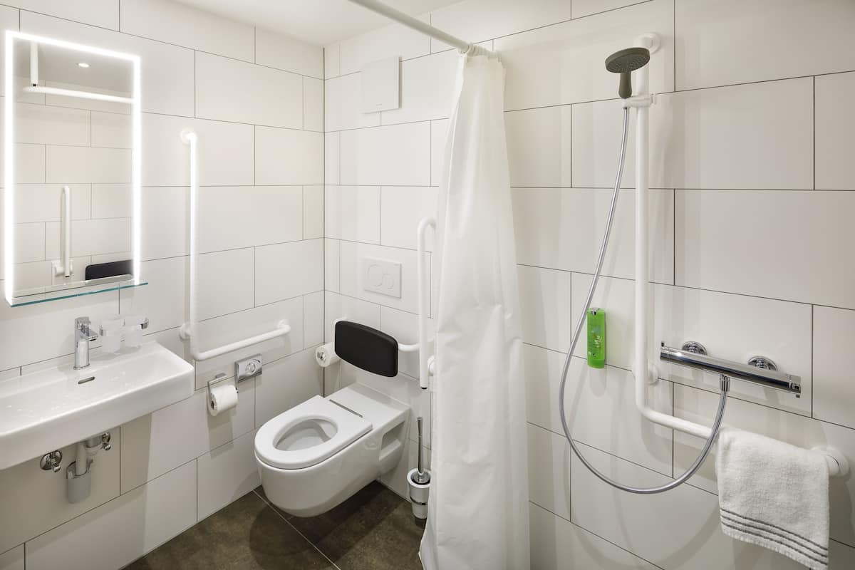 disabled-friendly room, 1 queen bed, air condition | bathroom | shower, hair dryer, towels