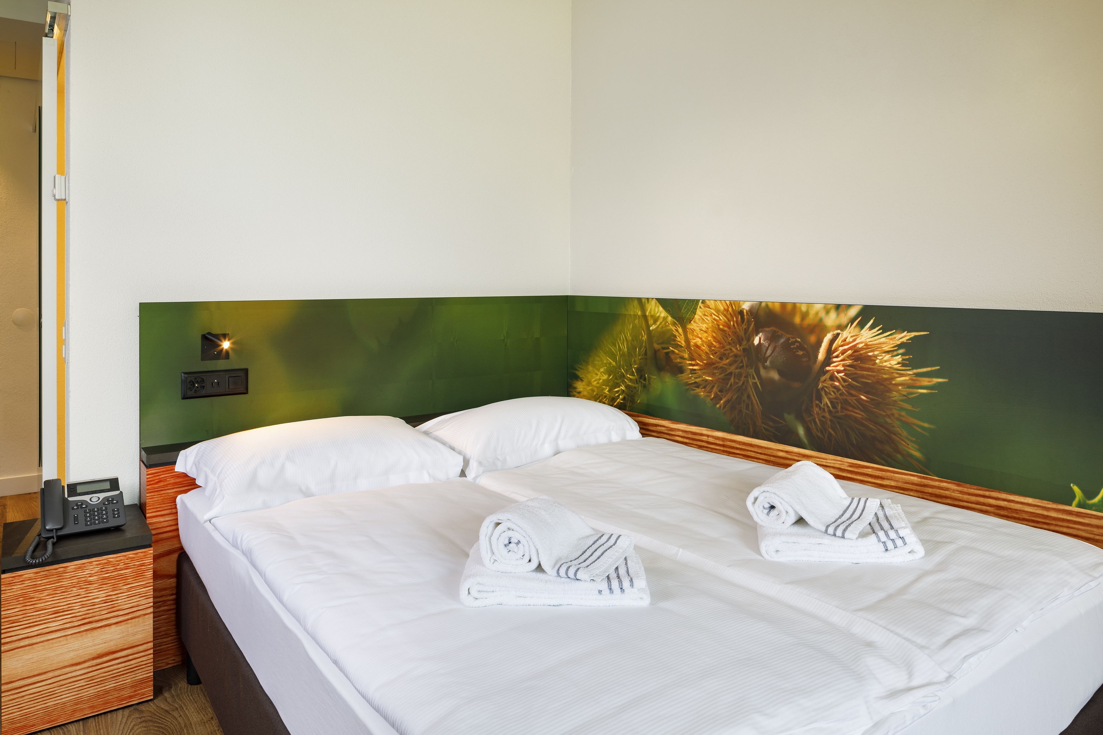 Une chambre d’hôtel avec un lit, deux serviettes blanches, une table de chevet avec un téléphone et un mur vert orné d’une plante.