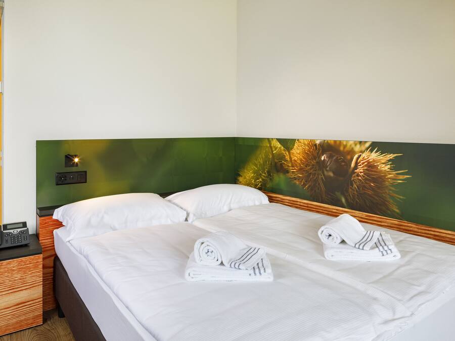 A hotel room with a bed, two white towels, a nightstand with a phone, and a green wall with a plant.