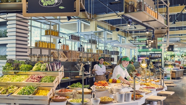 A buffet area with various food stations, including salads, fruits, and prepared dishes. - Hotel Bellinzona Sud Swiss Quality (Bellinzona)