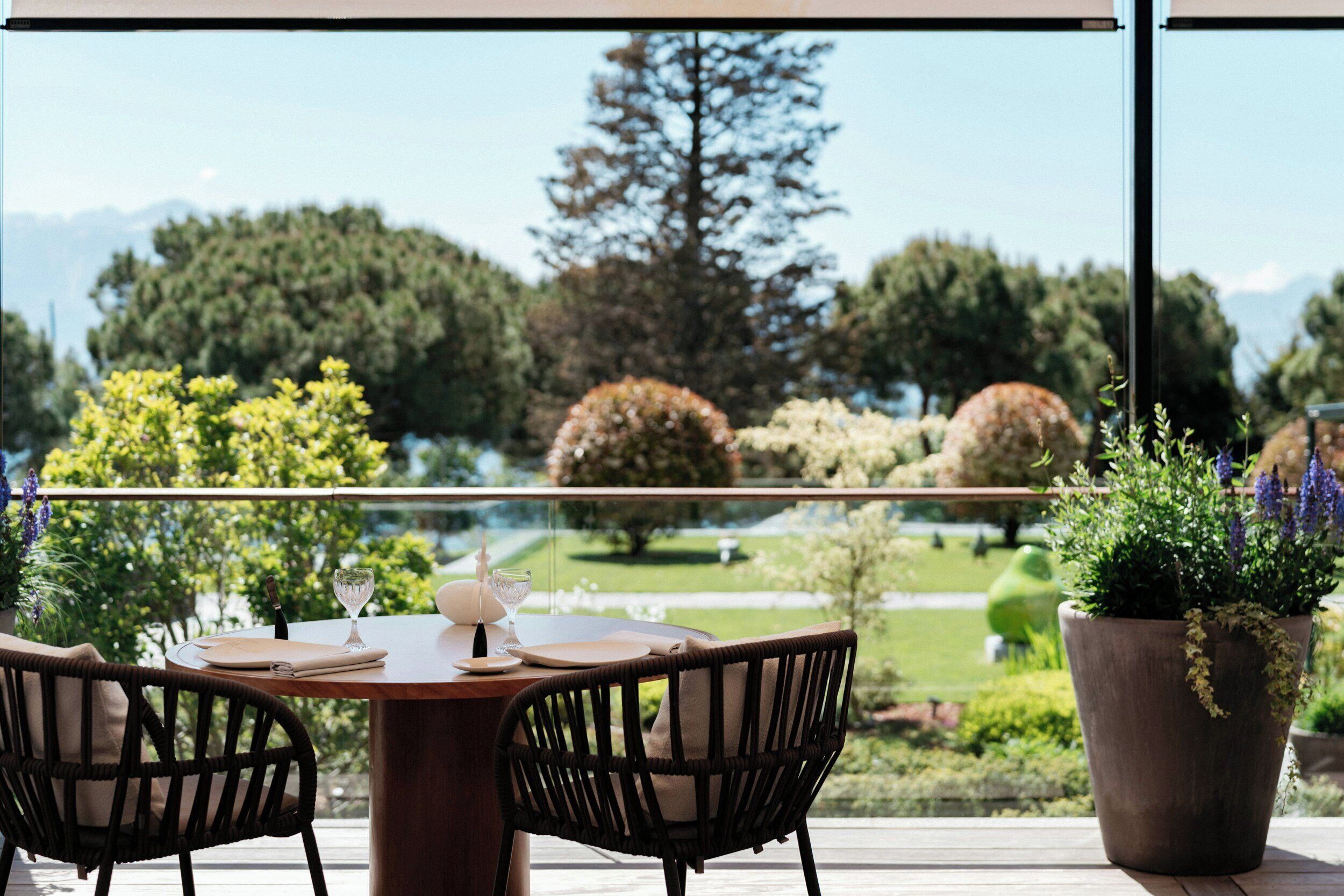 Un coin repas avec une table et des chaises, une plante en pot et une vue sur un jardin aménagé.