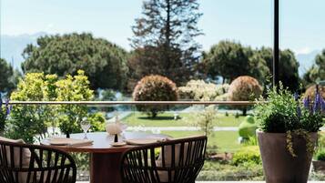 Un coin repas avec une table et des chaises, une plante en pot et une vue sur un jardin aménagé.